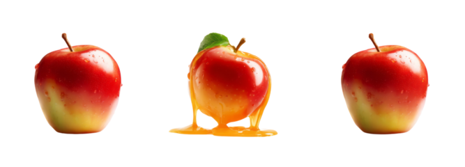 Juicy red apples with dripping honey transparent background studio shot