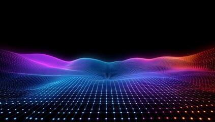 Abstract data surface with glowing points and wavy topography in vibrant neon colors showcases big data analytics cloud computing and futuristic network architecture on solid black background theme