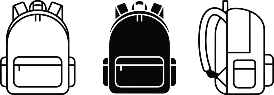 School backpack icons front and side views in outline and solid styles isolated flat vector symbols for education design