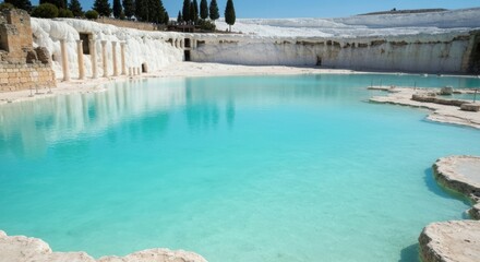 Turquoise waters cascade over white terraces, framed by columns