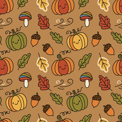 Cute seamless autumn pattern featuring smiling pumpkins colorful fall leaves mushrooms and acorns