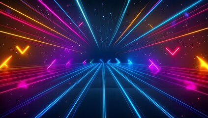 Geometric neon light pattern with arrows and lines in blue and pink colors forming dynamic symmetrical composition over dark reflective surface representing high speed data transfer and future tech