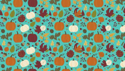 Cute Autumn seamless pattern with pumpkins leaves acorns and berries on a teal background