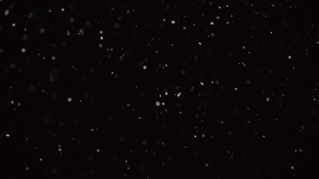 A black and white image of snowflakes falling from the sky. Concept of calm and peacefulness, as the snowflakes gently fall to the ground