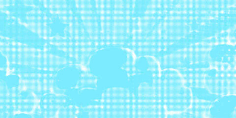 Dotted comic cloud background. White halftone clouds in blue sky. Pop art heaven wallpaper for banner, brochure, collage, poster, leaflet. Pixelated smoke, smog or fog texture. Vector illustration © Farrohah