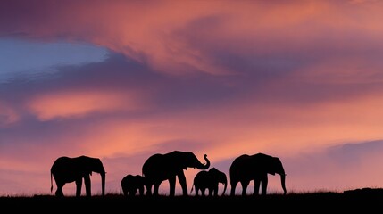 Fototapeta premium Silhouette of an elephant herd crossing a grassy horizon against a dramatic twilight sky