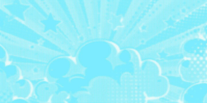 Dotted comic cloud background. White halftone clouds in blue sky. Pop art heaven wallpaper for banner, brochure, collage, poster, leaflet. Pixelated smoke, smog or fog texture. Vector illustration
