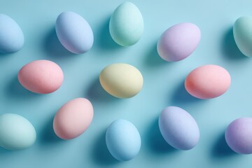 Flat lay still life of pastel eggs against a calming blue backdrop
