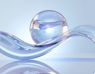 透明な球体と流体ガラスのスキンケア分子イメージ 近未来的な美容液テクスチャの抽象背景 先端化粧品科学・研究コンセプト｜Transparent sphere and fluid glass skincare molecule concept, futuristic serum texture abstract background, advanced cosmetic science