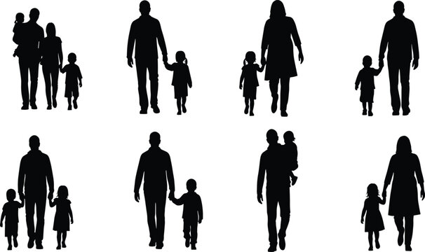 family, parents, children, silhouettes, walking, toddlers, vector, childhood, familly and chaild aslo here.