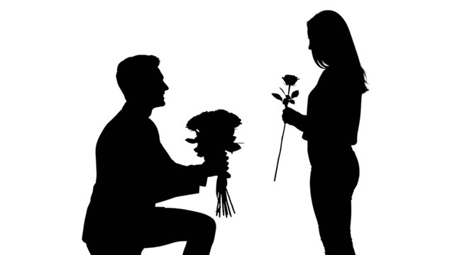 Romantic silhouette of a man proposing with a bouquet of flowers to his beloved