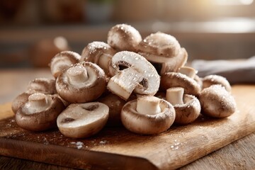 Fresh prepared mushrooms arranged in a mound for cooking and plating