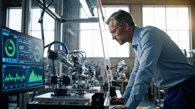 man leans over workstation examining robot and machinery. monitor displays dashboard and analysis graphs. laptop rests beside control panel. automation sequence runs on equipment. system readout.
