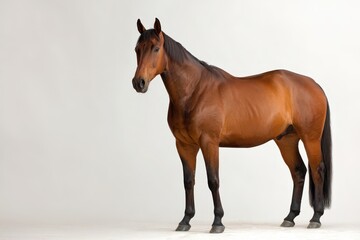Obraz premium Full-body photograph of an athletic bay horse on white seamless background