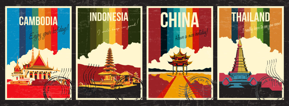 Cambodia, Indonesia, China, Thailand Main Attractions. Khmer Royal Palace, Ulun Danu Beratan Temple, Hangzhou West Lake Pavilion, Chiang Mai Pagoda Doi Inthanon, Retro Postcard Style Illustrations, 19