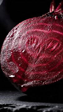Fresh Beetroot Slices With Droplets Displayed On A Dark Surface Close-Up Shot
