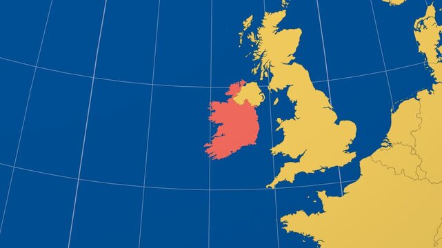 Ireland on Globe. Animated zoom into the country in Ocean Blue Golden Yellow color palette. Ireland logo animation. Map with meridians, parallels. Captivating video.
