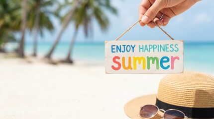 Summer happiness celebration at a tropical beach colorful signage display relaxing environment vibrant viewpoint positive concept for joyful memories