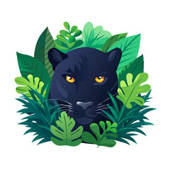 Black panther face peeking from lush green jungle leaves. Golden light highlights its intense glowing eyes and dark fur. Mysterious wild predator emerges from tropical foliage.  © muhammad