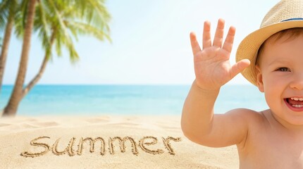 Joyful child playing on sandy beach summer vibes tropical paradise family fun bright day happiness in nature