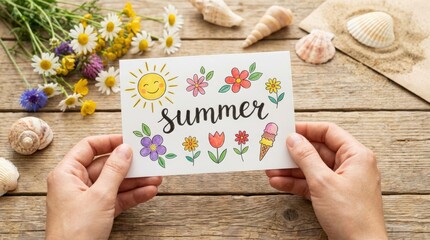 Creative summer greeting card with floral illustrations rustic wooden table art & craft environment close-up viewpoint celebrating the joy of summer
