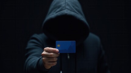Anonymous hooded figure holding a blue credit card, representing financial cybercrime and digital security threats 