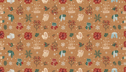 Seamless rustic winter pattern cozy knitwear snowflakes and holly berries on a warm brown background