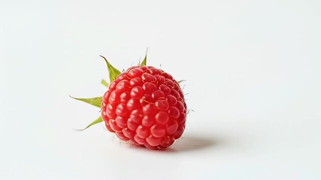 A single, vibrant red raspberry slowly rotates on a clean, isolated white background, showcasing its intricate texture and delicate green calyx. The slow motion and close-up perspective highlight the 