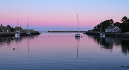 Obraz premium Calm harbor water reflects vibrant pink and purple twilight sky with moored sailboats near shore structures