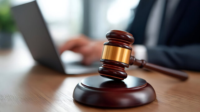 A close-up image of a gavel on a desk with a laptop in the background, symbolizing law and justice in a modern workspace.