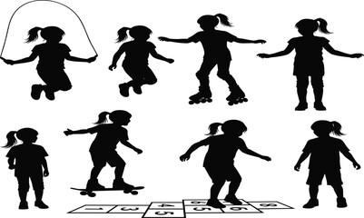 Silhouette Set of Young Girls Engaged in Outdoor Sports Activities Including Jump Rope, Roller Skating, Skateboarding, Hopscotch, and Active Play on White Background
