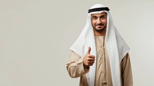 A smiling man in traditional regional attire gives a confident thumbs-up gesture against a clean, neutral background, radiating approval, success, and positivity. Dressed in a classic thobe and ghutra