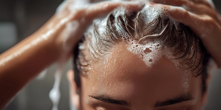 A close-up of a woman enjoying a soothing shampoo experience, with bubbles and water creating a sense of relaxation and self-care.
