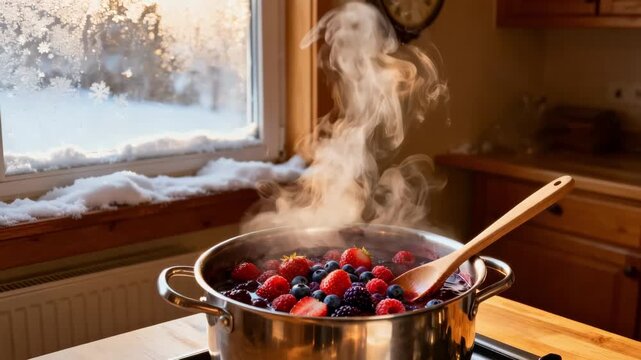 Winter home kitchen scene in medium shot capturing the process of making smallbatch fruit jam with rich berries steaming pot ladle and frosted window backdrop creating a cozy