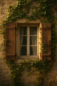 Rustic wooden window with shutters surrounded by green ivy on an old stone wall.