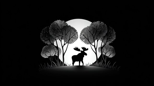 Silhouette of a large antlered animal standing before a bright circular shape within a forest setting
