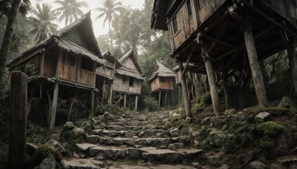 Stone steps lead to weathered wooden stilt houses in a misty jungle