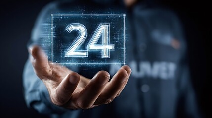 Person's hand presenting a glowing digital number 24 inside a square frame, symbolizing continuous service, business support, and complete availability around the clock with modern technology