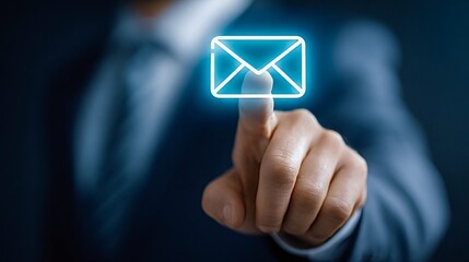 Businessman hand pressing glowing email icon on a dark background, representing concepts of global business, digital communication, networking, and online connectivity