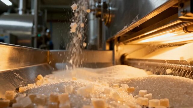 Medium shot of dry sugar crystals tumbling in a fluidized bed dryer illuminated by warm interior lighting highlighting the gentle drying process in a controlled environment.