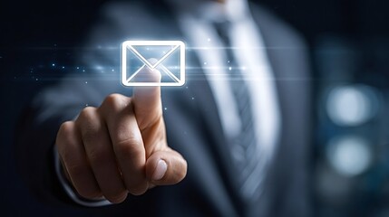 Businessman's hand reaching out, touching a glowing email icon on a virtual screen, representing digital communication, online messaging, and global connection in business technology