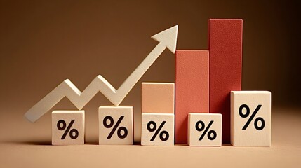 Wooden blocks showing percentage signs and a bar chart with an upward trending arrow representing financial growth, increasing rates, and market trends