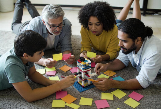 Diverse Team Brainstorming with and Sticky Notes Around a Product Prototype on Carpet &ndash; Candid Wide-Angle Photo for Innovation Workshop Promotions, Team-Building Materials, and Corporate Collabor
