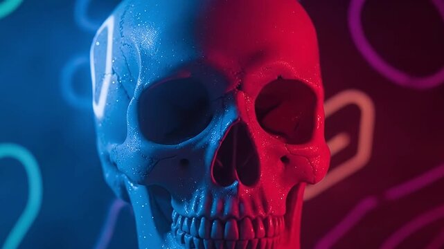 A striking human skull is illuminated with intense, contrasting neon lights, split between vibrant blue and deep red hues. The dark background features blurred abstract light patterns, enhancing the m