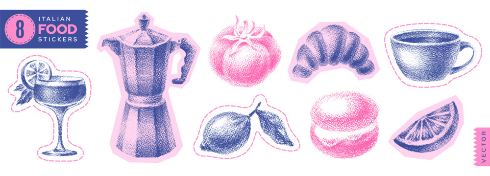 Italian brunch halftone collage. Food design. Coffee, lemon fruit, limoncello wine glass, croissant, tomato, tea. Italian breakfast food hand drawn vintage icon. Cutout doodle school cafe menu menu bg