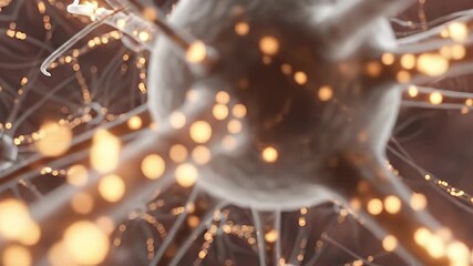 A stunning 3D animation depicts a complex cellular network, resembling a nerve cell, with bright electrical impulses flowing through its intricate pathways. Glowing orange particles illuminate the con - Powered by Adobe