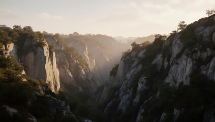 Sunlight streams through a deep gorge of rocky cliffs and green trees