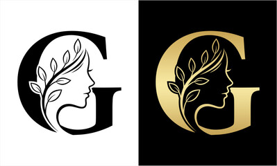 Elegant Letter G Logo with Womans Profile and Botanical Elements.