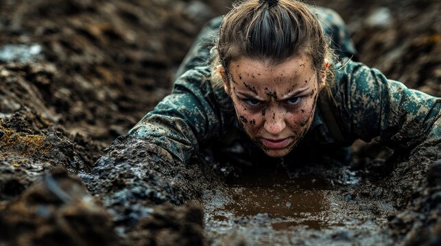 Woman military training crawl