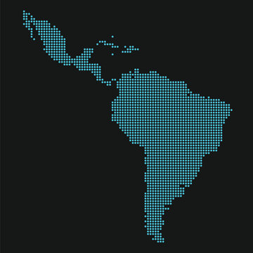 Central and South America Light Blue Digital Point Grid Map on Black for Cyber Infrastructure